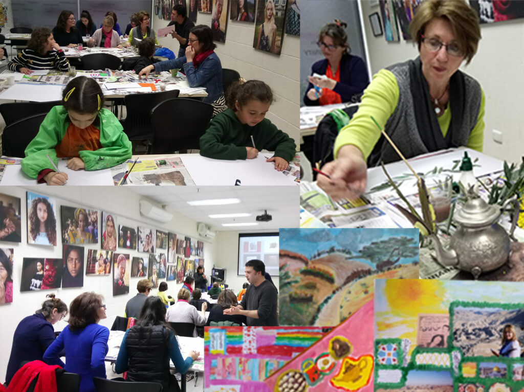 A photo collage with a group of young children and adults engaged in drawing and painting